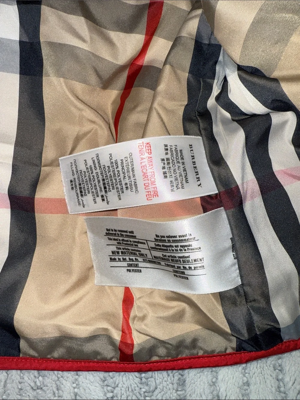 Burberry Red Quilted Kids Puffer Jacket with Check Trim
